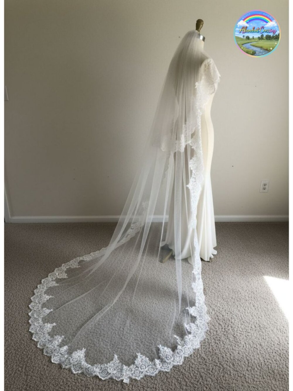 Chapel Length 2 Tier Sequin Lace Tulle Wedding Veil with Comb